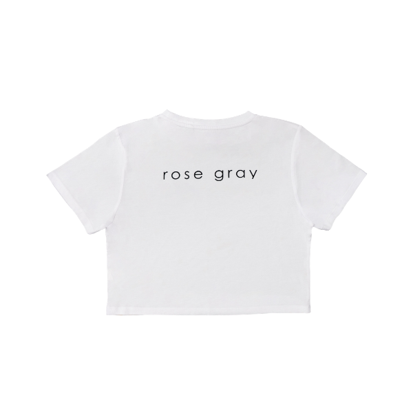 Rose Gray - White Cropped Tiara Rhinestone T-Shirt