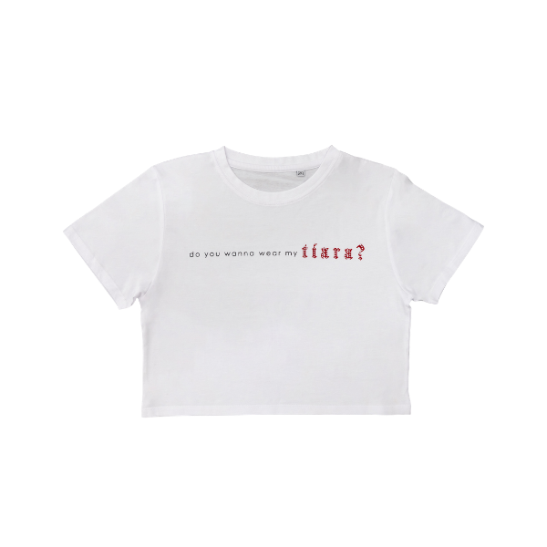 Rose Gray - White Cropped Tiara Rhinestone T-Shirt